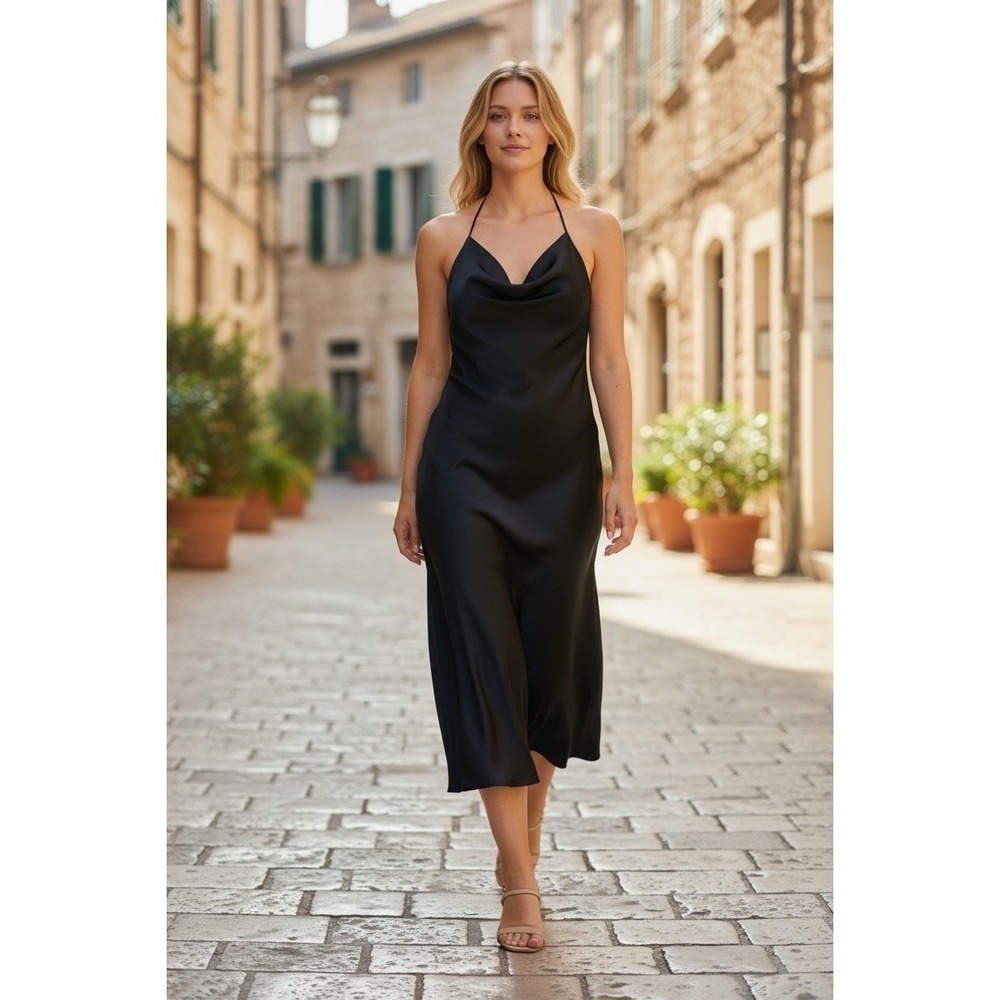 Banana Republic Black Satin Cowl Neck Halter Midi Dress XS Open Back Slip Dress